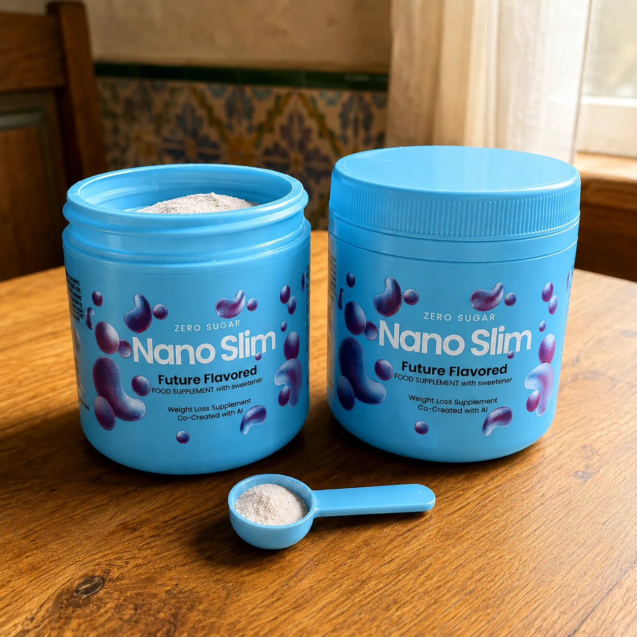 Dos botes de Nano Slim con su cuchara medidora